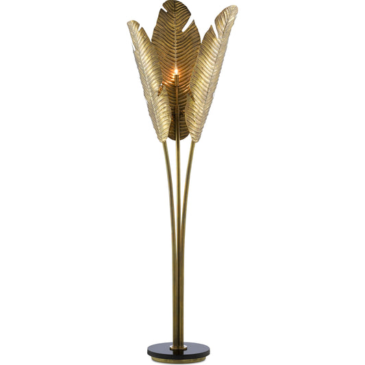 Tropical Floor Lamp by Currey and Company in vintage brass, black. Made from brass, iron, granite in a transitional style.