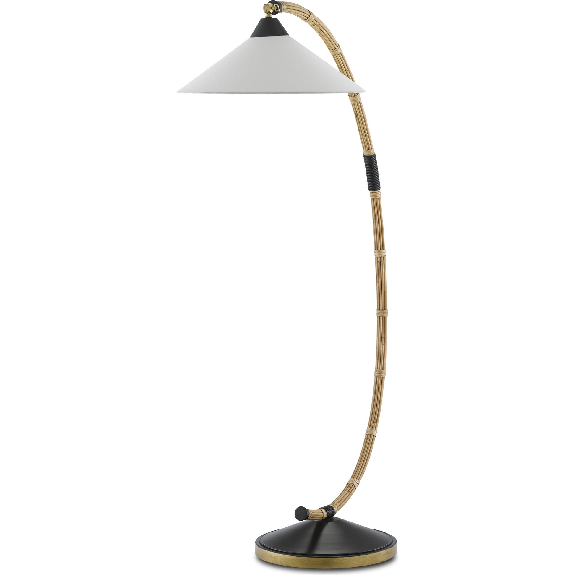 Lisbon Floor Lamp by Currey and Company in natural, rattan, new brass, satin black. Made from wrought iron, rattan in a modern style.