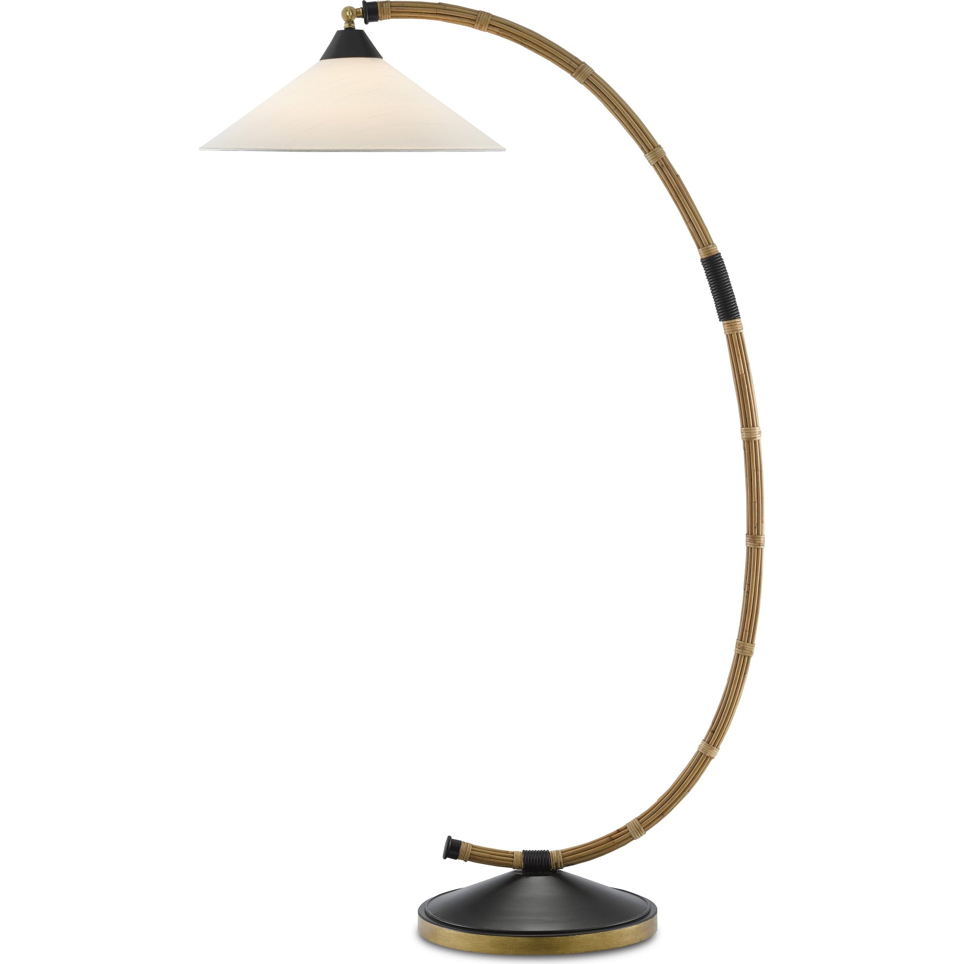 Lisbon Floor Lamp by Currey and Company in natural, rattan, new brass, satin black. Made from wrought iron, rattan in a modern style.