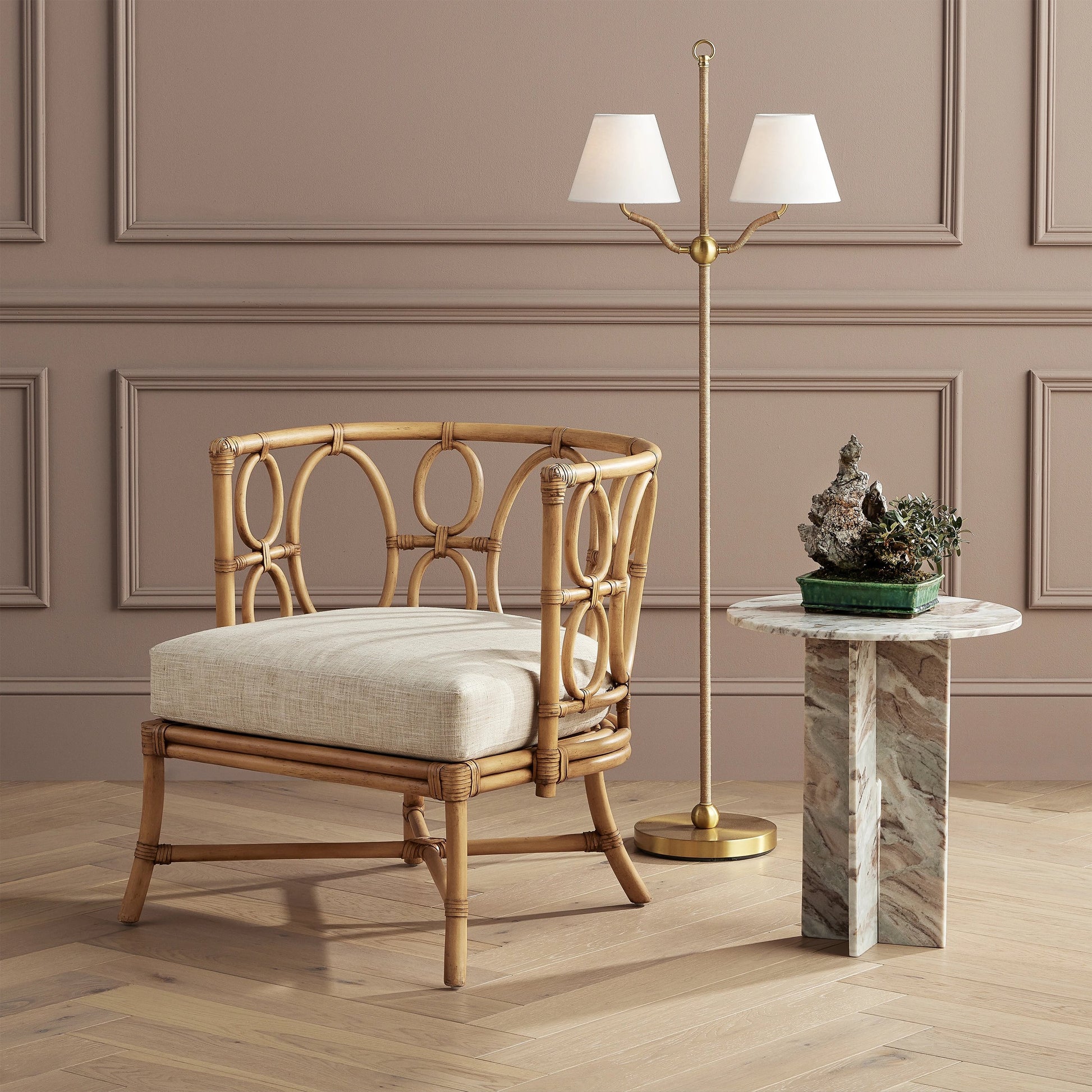 Sirocco Floor Lamp by Currey and Company in antique brass. Made from natural jute rope, metal in a modern style.