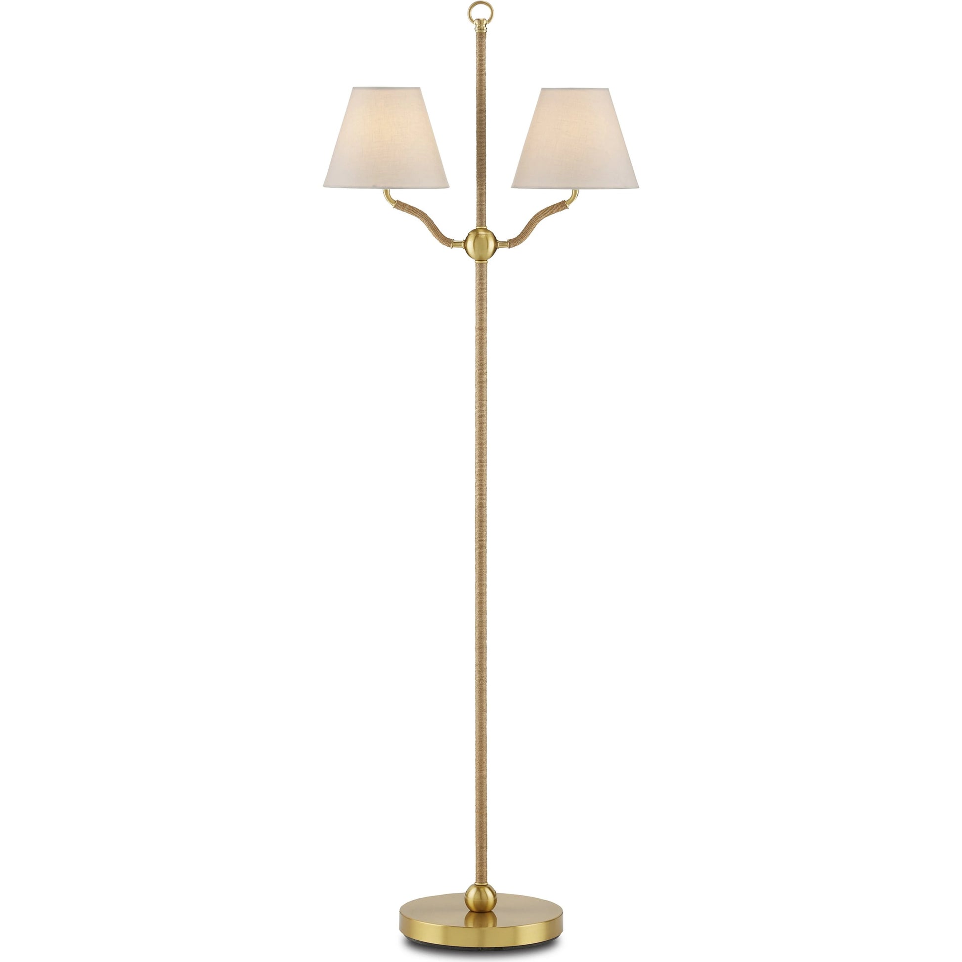 Sirocco Floor Lamp by Currey and Company in antique brass. Made from natural jute rope, metal in a modern style.