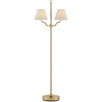 Sirocco Floor Lamp by Currey and Company in antique brass. Made from natural jute rope, metal in a modern style.