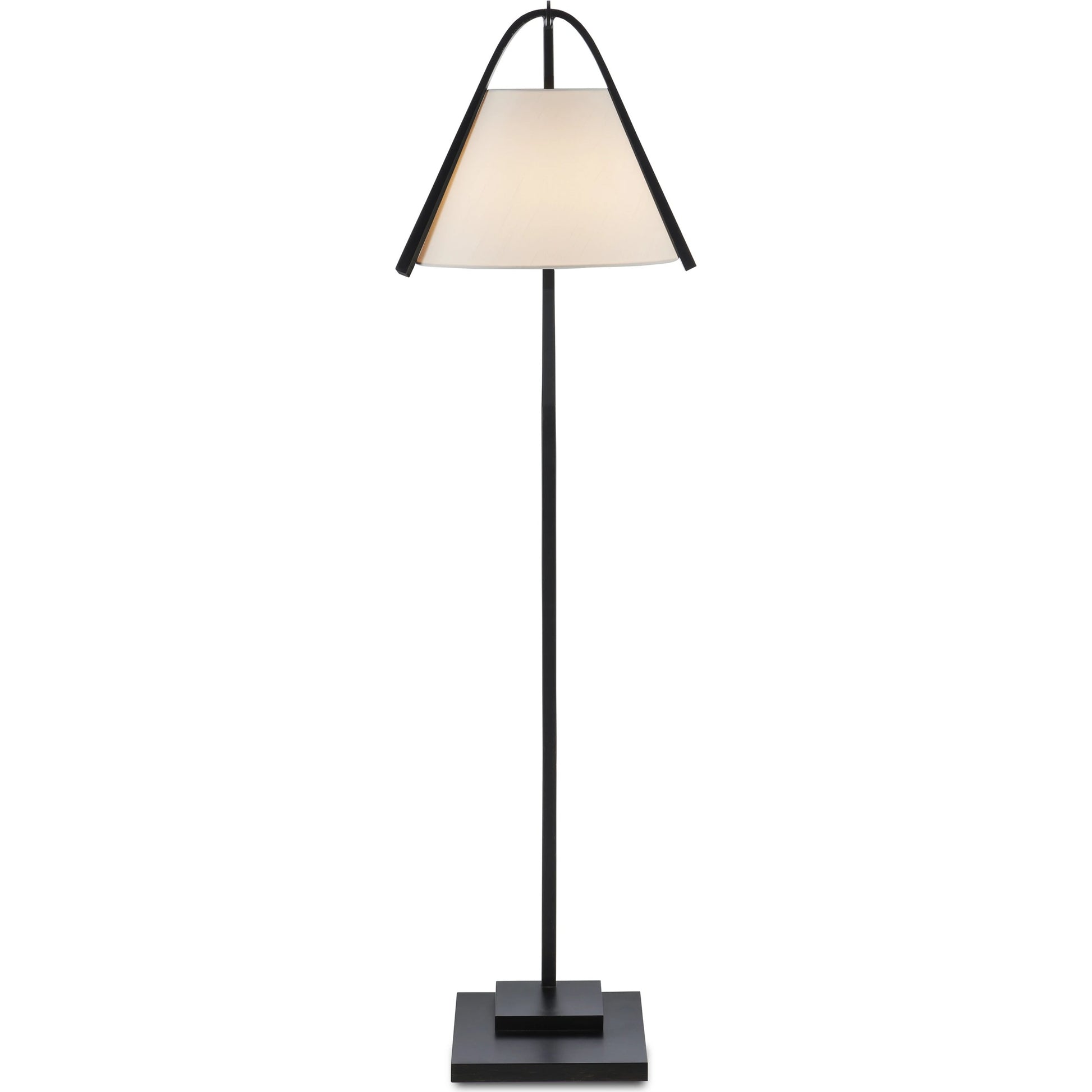 Frey Floor Lamp by Currey and Company in satin black, brushed brown. Made from metal in a modern style.