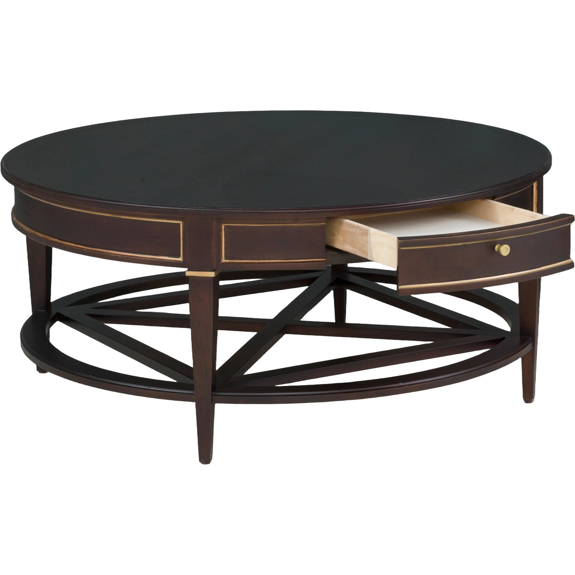 Matteo Linea Round 1-Drawer Cocktail Table by Fairfield Chair. Made from beech solids, veneers in a unique style.