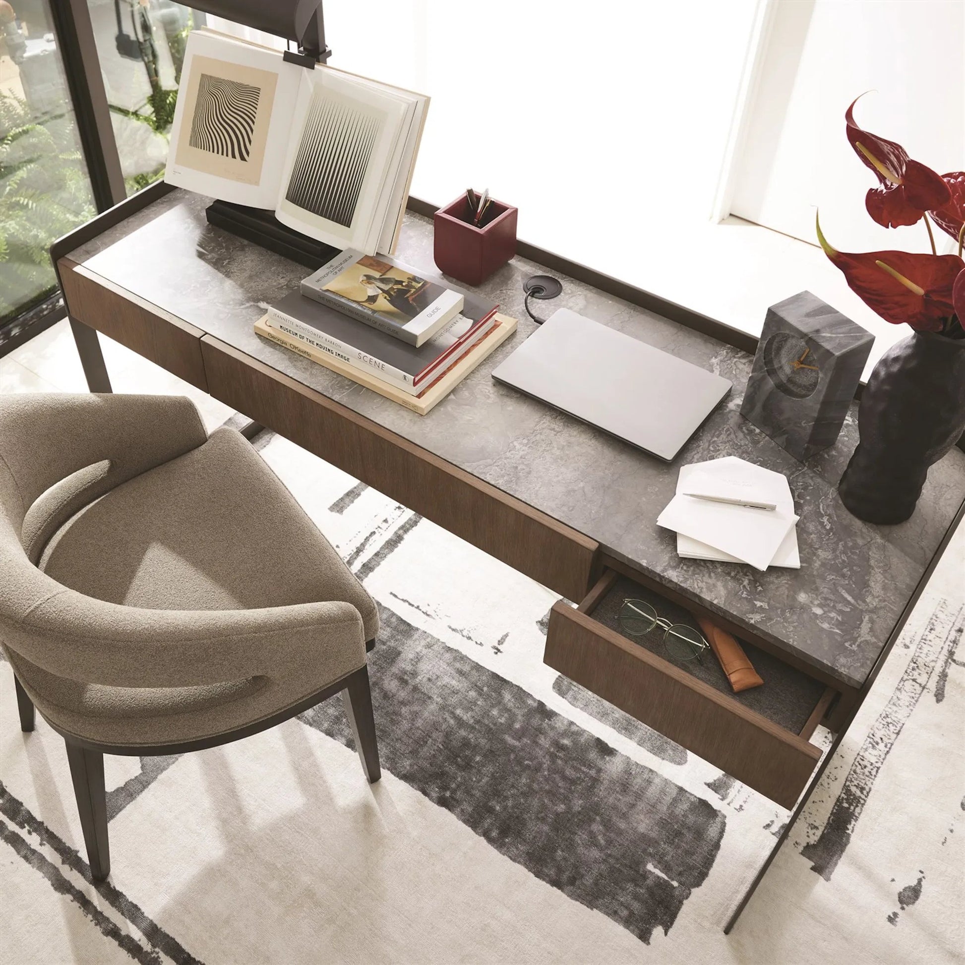 Alcott Dining Chair by Global Views. Made from beech wood, semi-aniline grey leather in a transitional style.