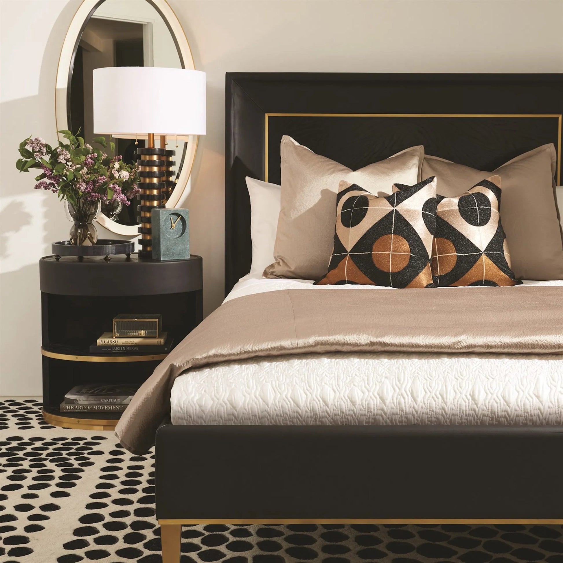 Circle Marquetry Pillow by Global Views in black. Made from cotton, flax in a modern style.