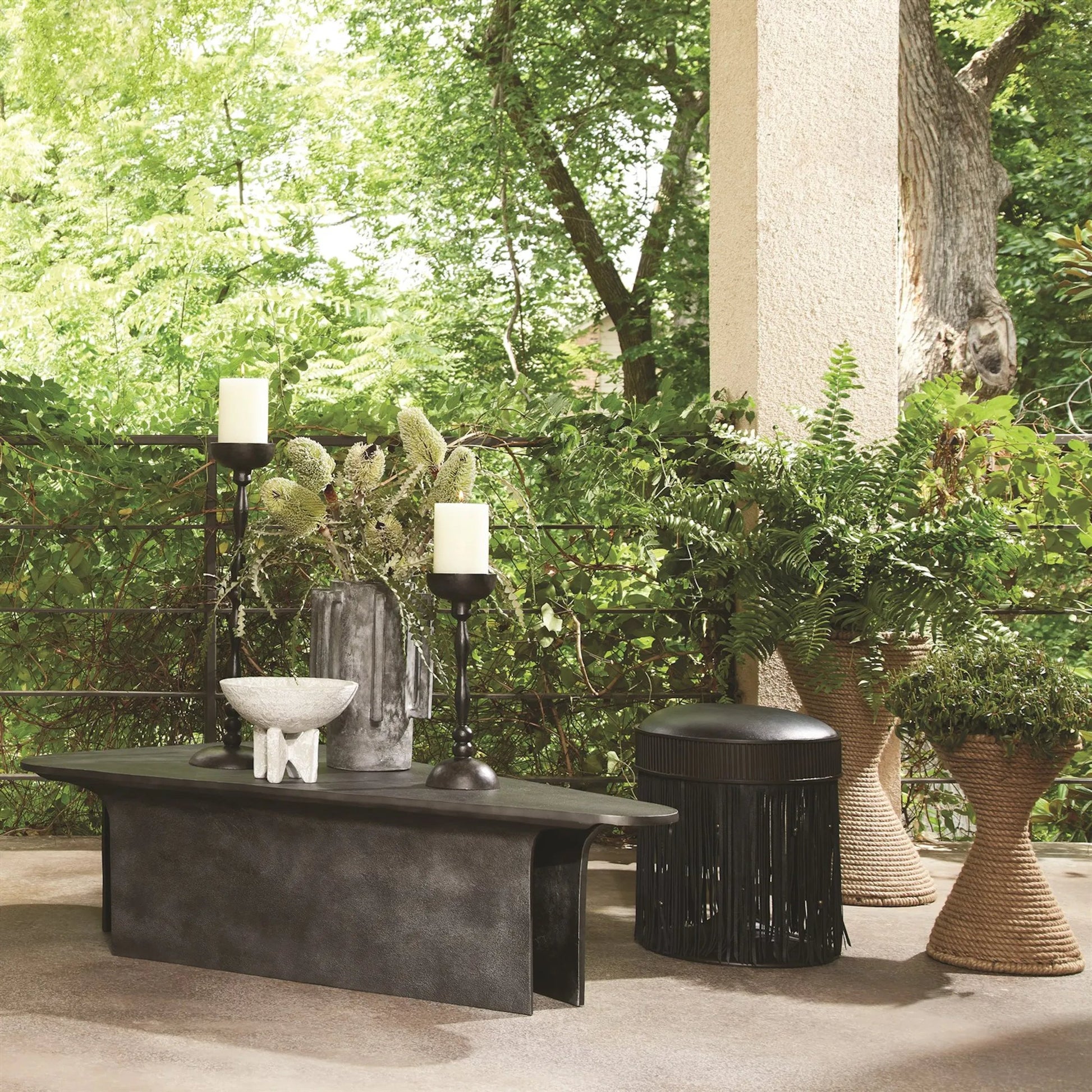 Grace Stool by Global Views in black. Made from brass, leather, mild steel in a eclectic & global style.