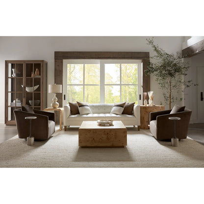 Everett Curio Cabinet by Fairfield Chair in brown and biscotti. Made from red oak in a unique style.