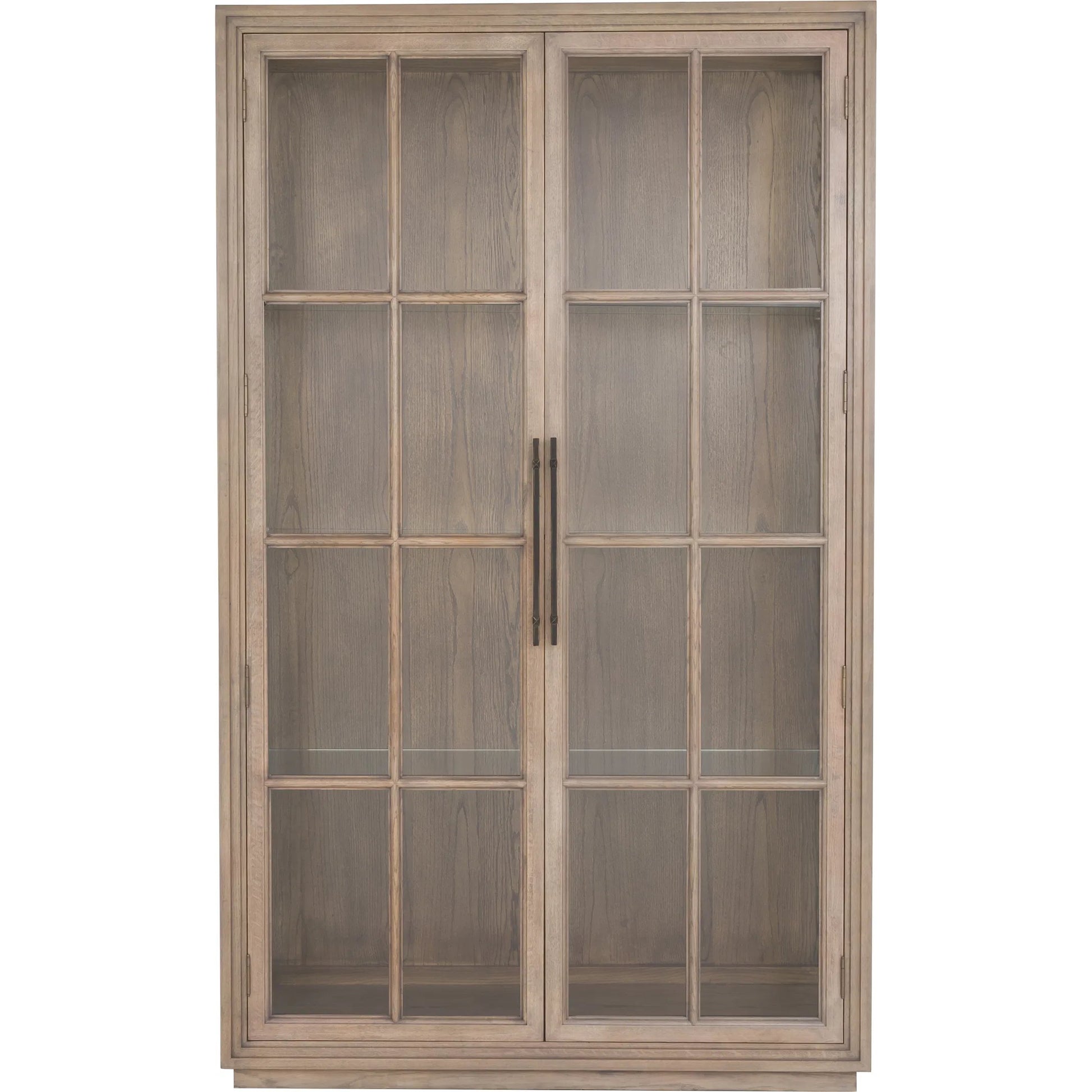 Everett Curio Cabinet by Fairfield Chair in brown and biscotti. Made from red oak in a unique style.