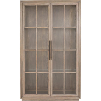 Everett Curio Cabinet by Fairfield Chair in brown and biscotti. Made from red oak in a unique style.