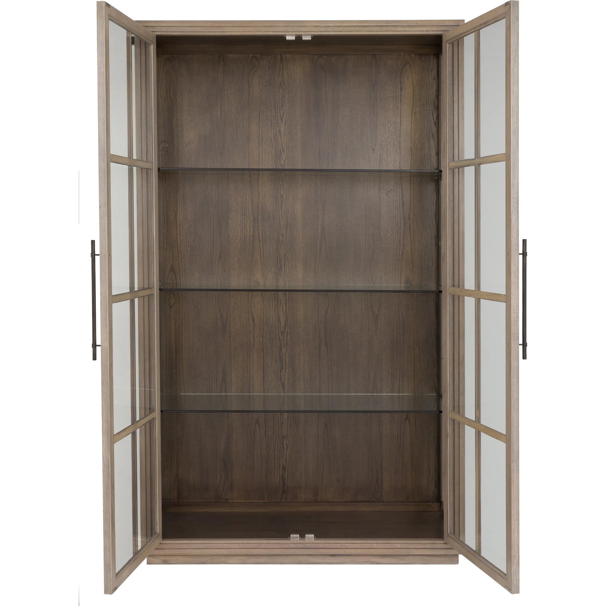 Everett Curio Cabinet by Fairfield Chair in brown and biscotti. Made from red oak in a unique style.