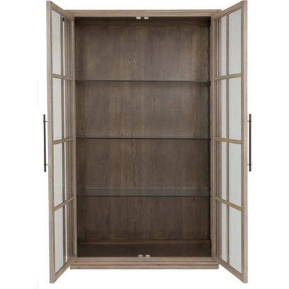 Everett Curio Cabinet by Fairfield Chair in brown and biscotti. Made from red oak in a unique style.
