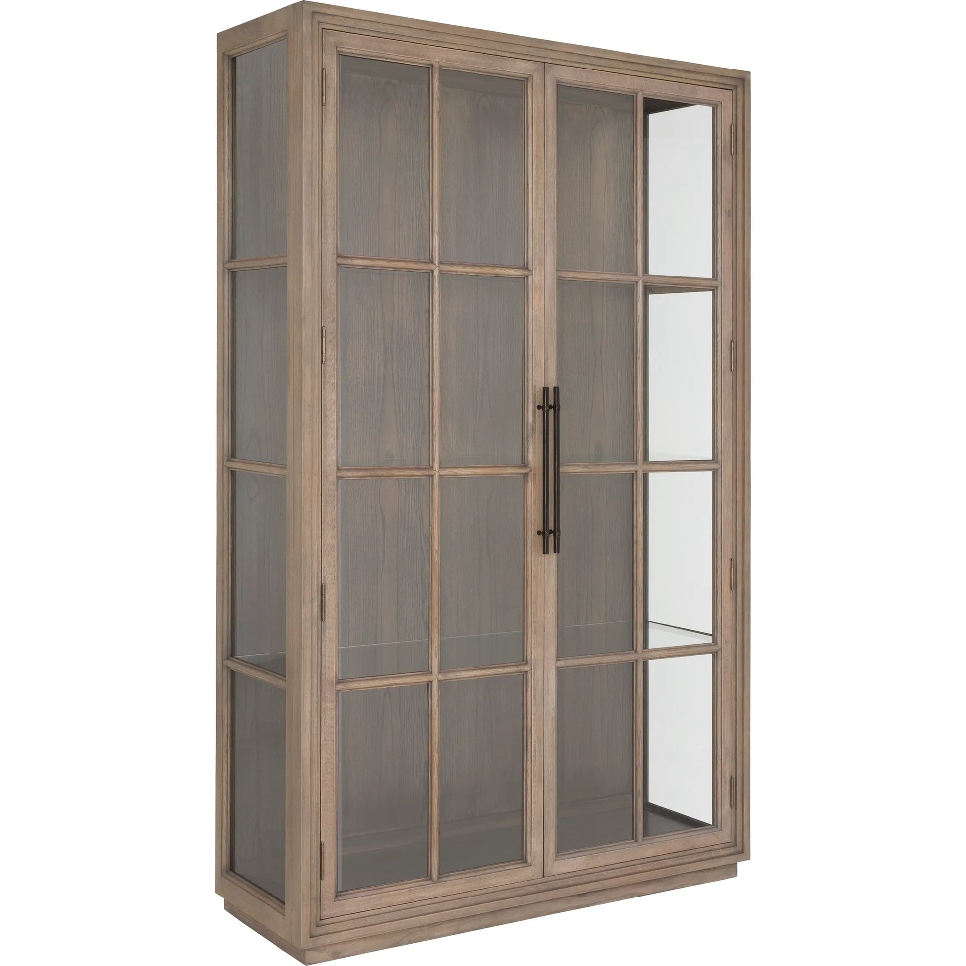 Everett Curio Cabinet by Fairfield Chair in brown and biscotti. Made from red oak in a unique style.