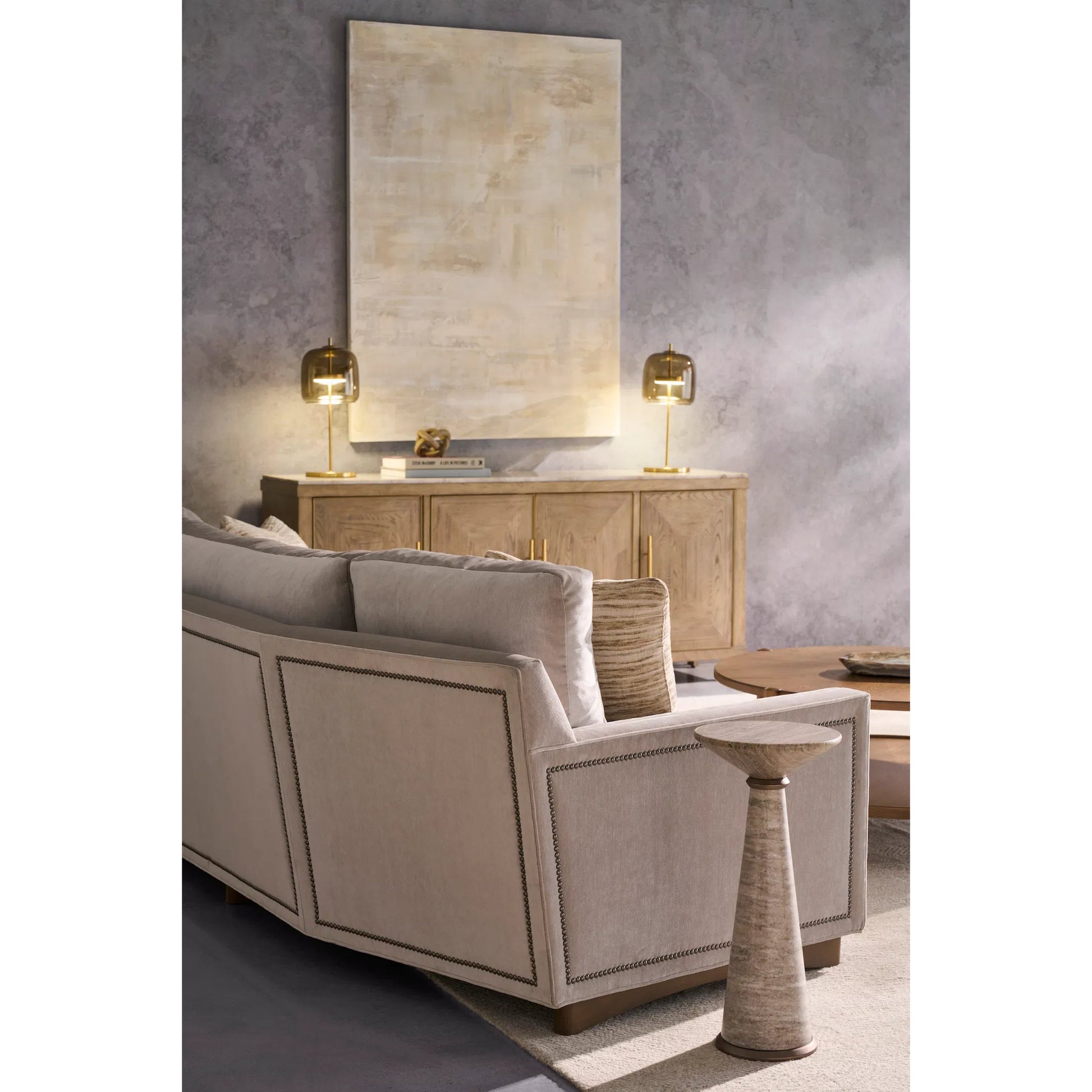 Enzo Sofa w/2 Beach Contrast Pillows by Fairfield Chair in grey and platinum. Made from beech solids in a unique style.