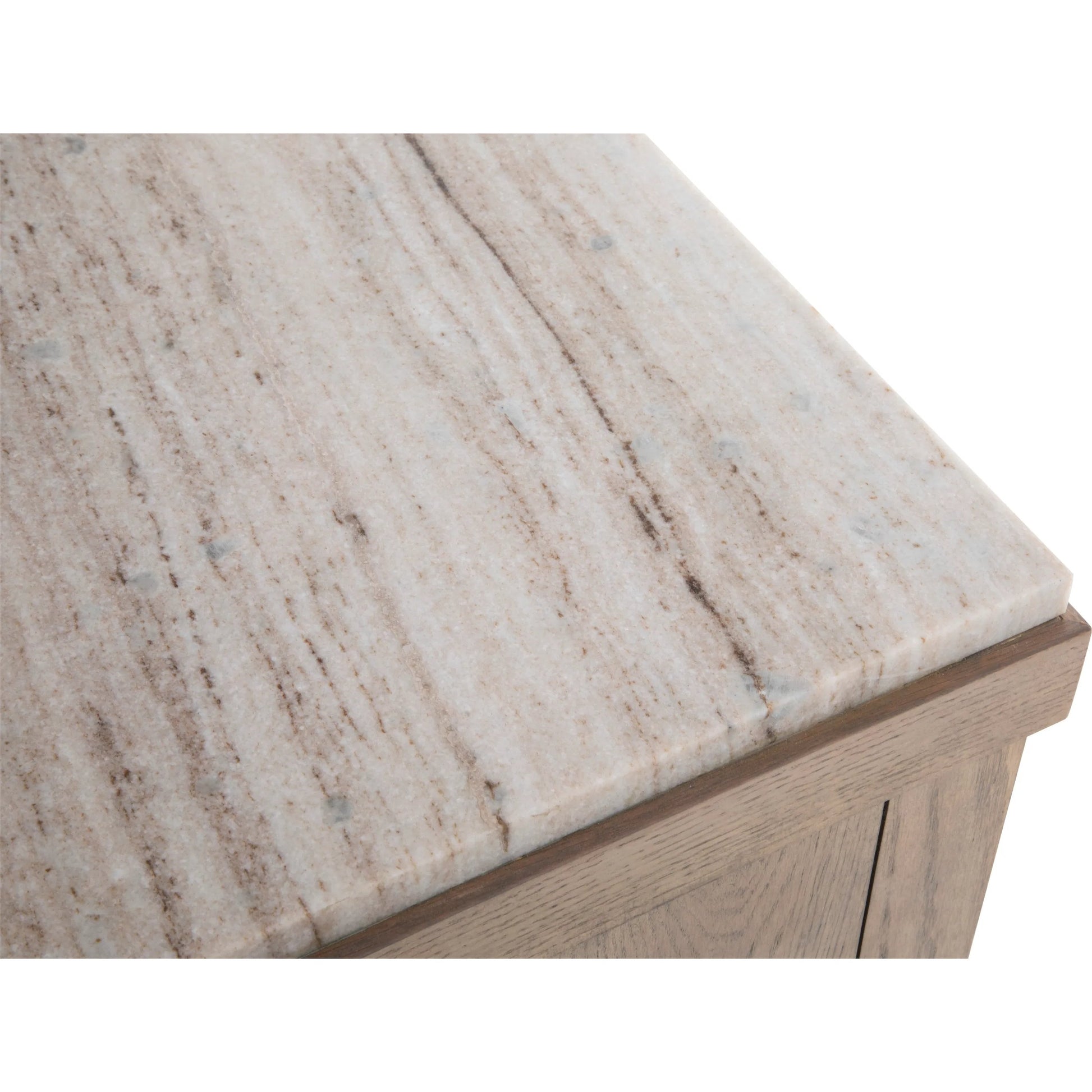 Alchemy Four Door Credenza by Fairfield Chair in brown and biscotti. Made from red oak, marble in a unique style.