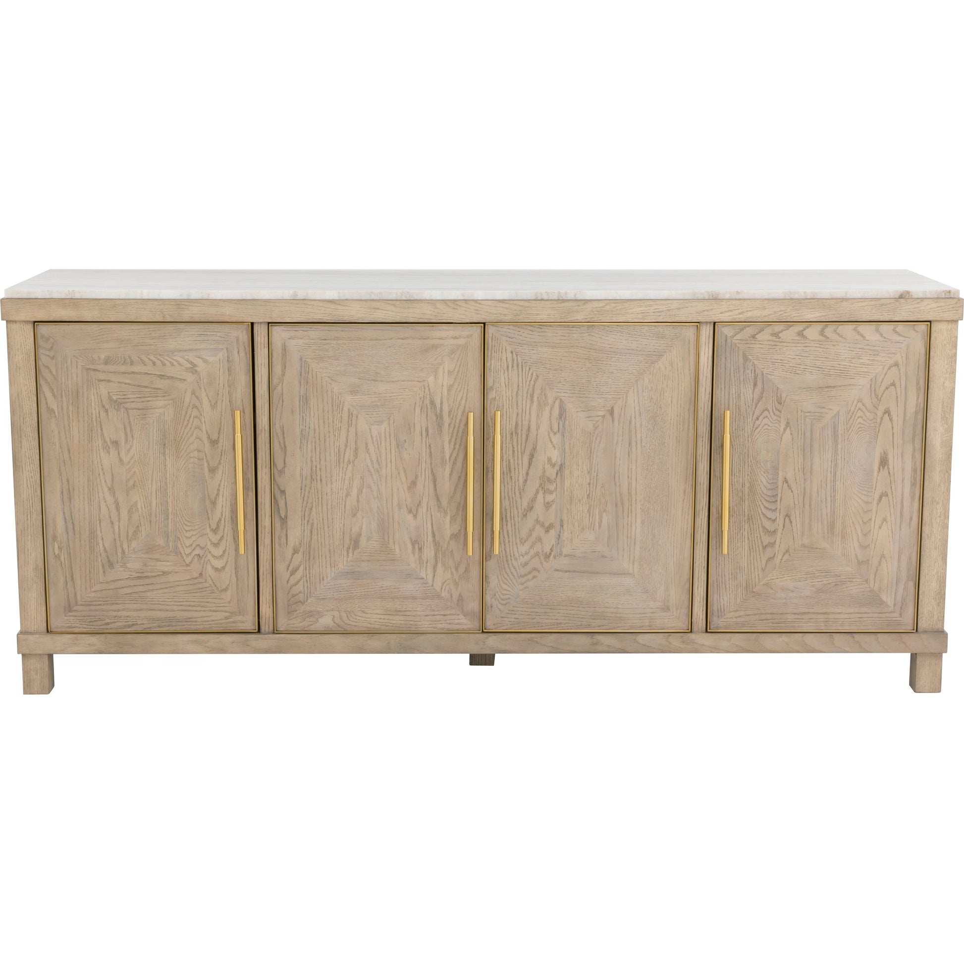 Alchemy Four Door Credenza by Fairfield Chair in brown and biscotti. Made from red oak, marble in a unique style.