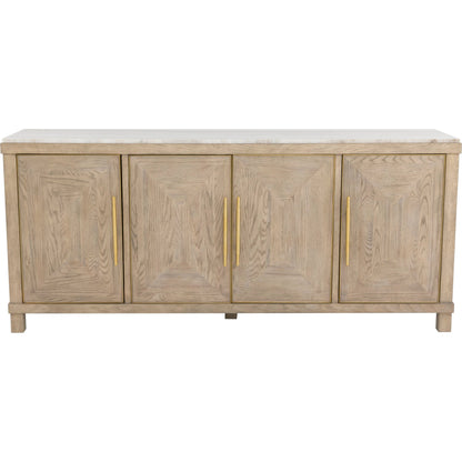 Alchemy Four Door Credenza by Fairfield Chair in brown and biscotti. Made from red oak, marble in a unique style.