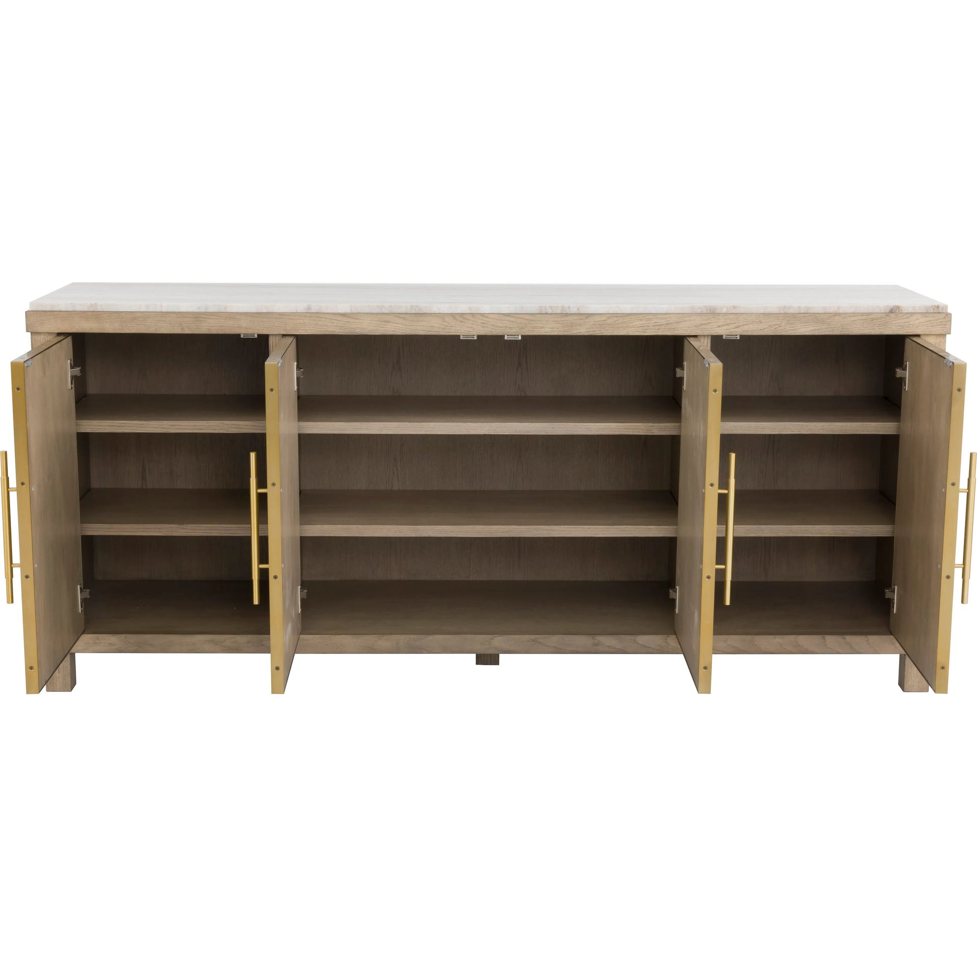 Alchemy Four Door Credenza by Fairfield Chair in brown and biscotti. Made from red oak, marble in a unique style.
