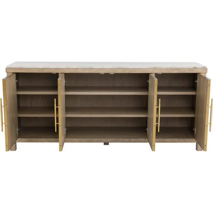 Alchemy Four Door Credenza by Fairfield Chair in brown and biscotti. Made from red oak, marble in a unique style.