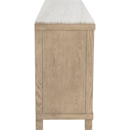 Alchemy Four Door Credenza by Fairfield Chair in brown and biscotti. Made from red oak, marble in a unique style.