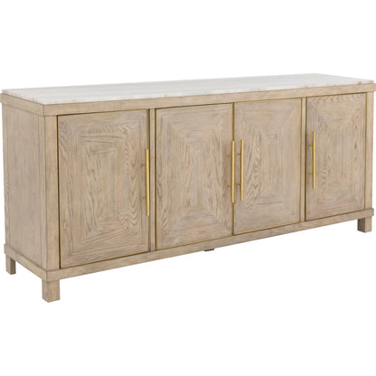 Alchemy Four Door Credenza by Fairfield Chair in brown and biscotti. Made from red oak, marble in a unique style.