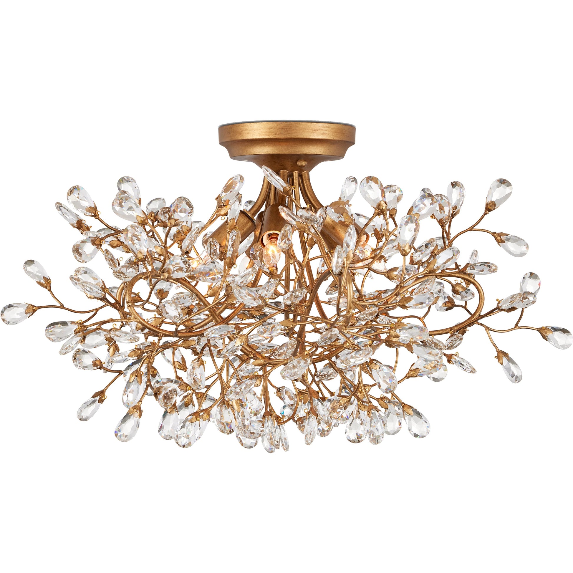 Crystal Bud Semi-Flush Mount by Currey and Company in clear, brass. Made from crystal, wrought iron in a modern style.