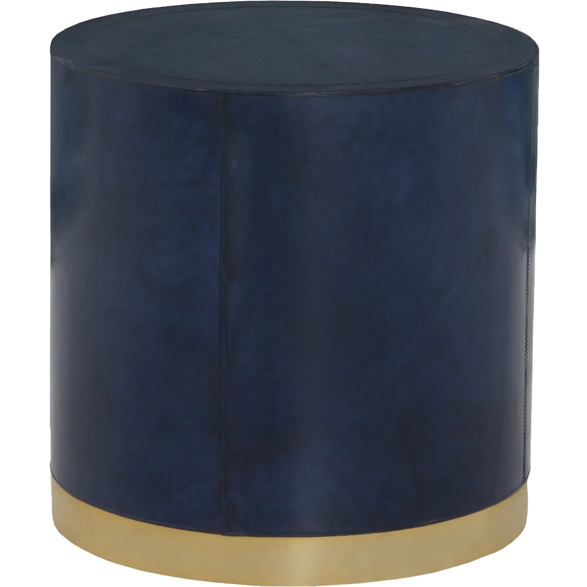 Harper Round 3 Drawer End Table by Fairfield Chair in dark blue and navy blue. Made from leather, metal accents in a unique style.