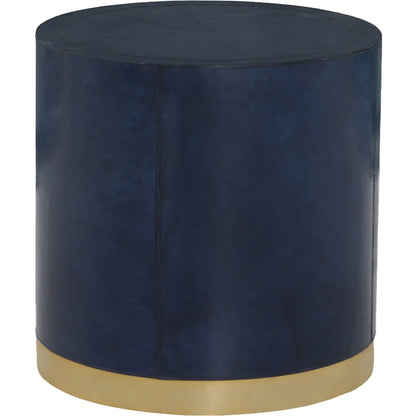Harper Round 3 Drawer End Table by Fairfield Chair in dark blue and navy blue. Made from leather, metal accents in a unique style.