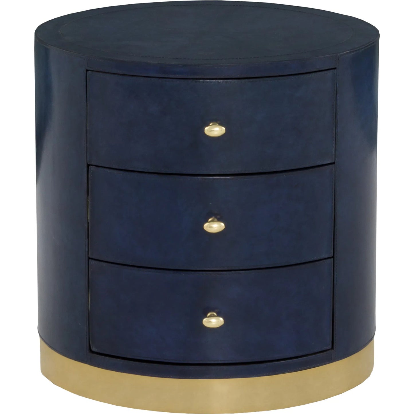 003 SI-2635779 | Additional Silo | Harper Round 3 Drawer End Table by Fairfield Chair in dark blue and navy blue. Made from leather, metal accents in a unique style.