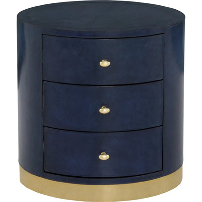 Harper Round 3 Drawer End Table by Fairfield Chair in dark blue and navy blue. Made from leather, metal accents in a unique style.