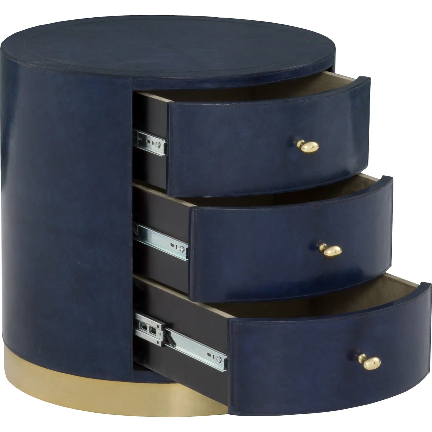 001 SI-2635779 | Additional Silo | Harper Round 3 Drawer End Table by Fairfield Chair in dark blue and navy blue. Made from leather, metal accents in a unique style.