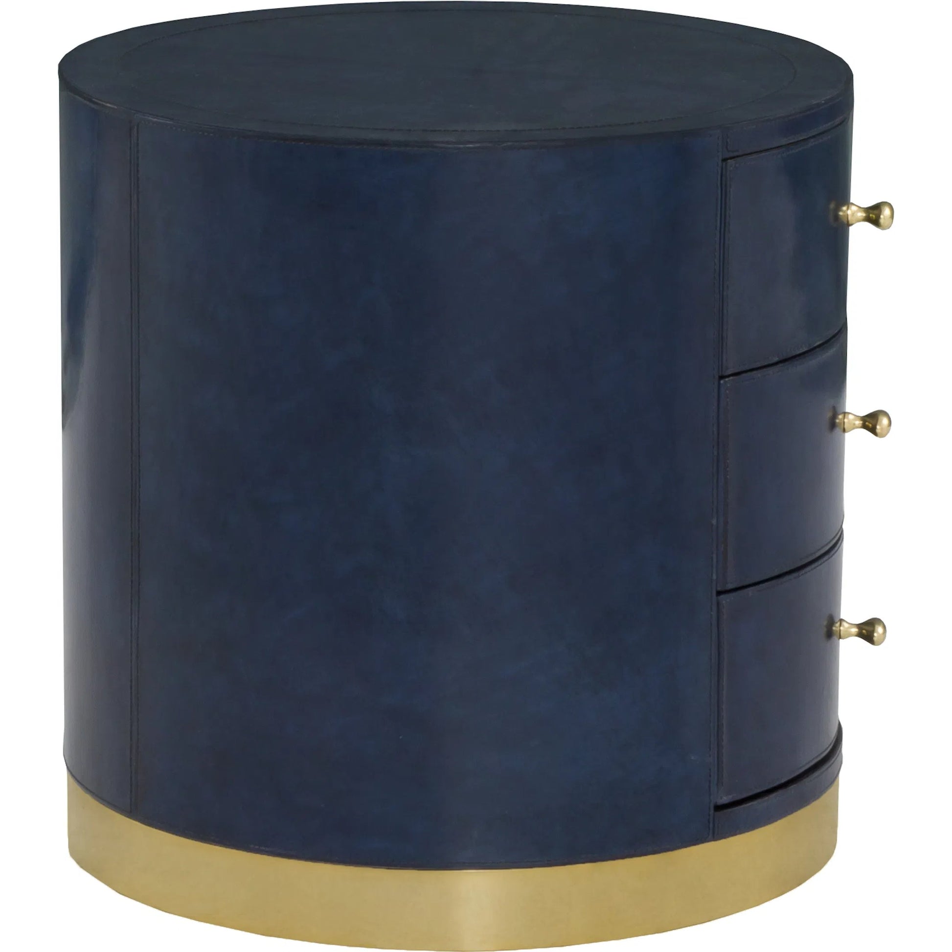 Harper Round 3 Drawer End Table by Fairfield Chair in dark blue and navy blue. Made from leather, metal accents in a unique style.