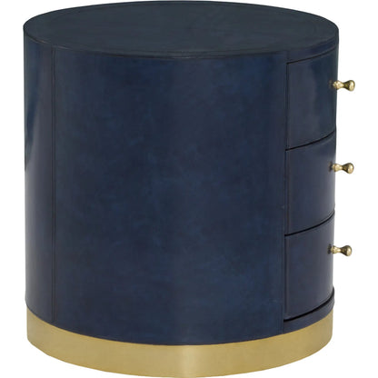 Harper Round 3 Drawer End Table by Fairfield Chair in dark blue and navy blue. Made from leather, metal accents in a unique style.