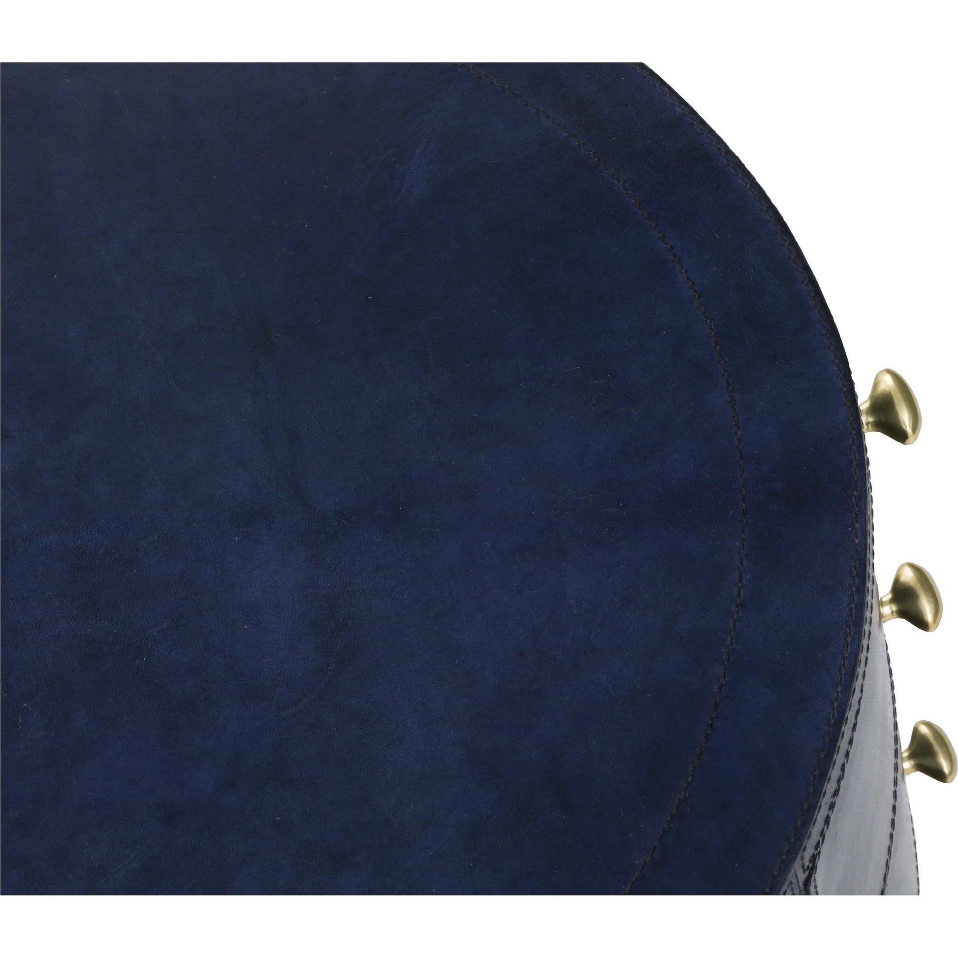 Harper Round 3 Drawer End Table by Fairfield Chair in dark blue and navy blue. Made from leather, metal accents in a unique style.