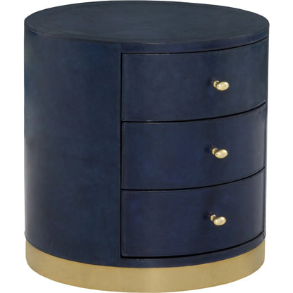 Harper Round 3 Drawer End Table by Fairfield Chair in dark blue and navy blue. Made from leather, metal accents in a unique style.