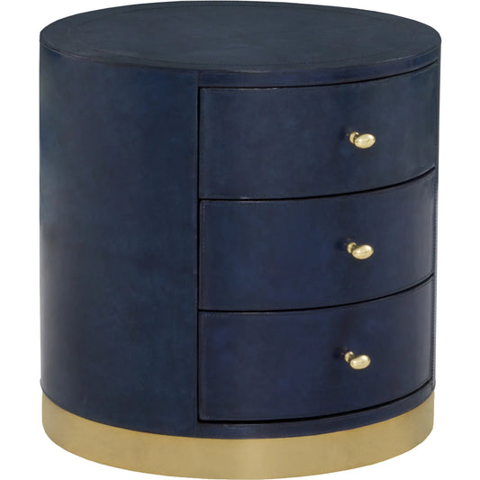 Harper Round 3 Drawer End Table by Fairfield Chair in dark blue and navy blue. Made from leather, metal accents in a unique style.
