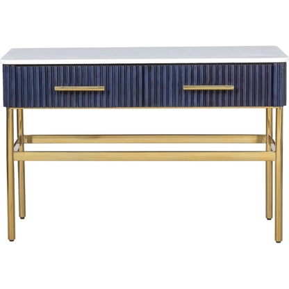 Harper Console Table by Fairfield Chair in dark blue and navy blue. Made from leather, metal accents, marble in a unique style.