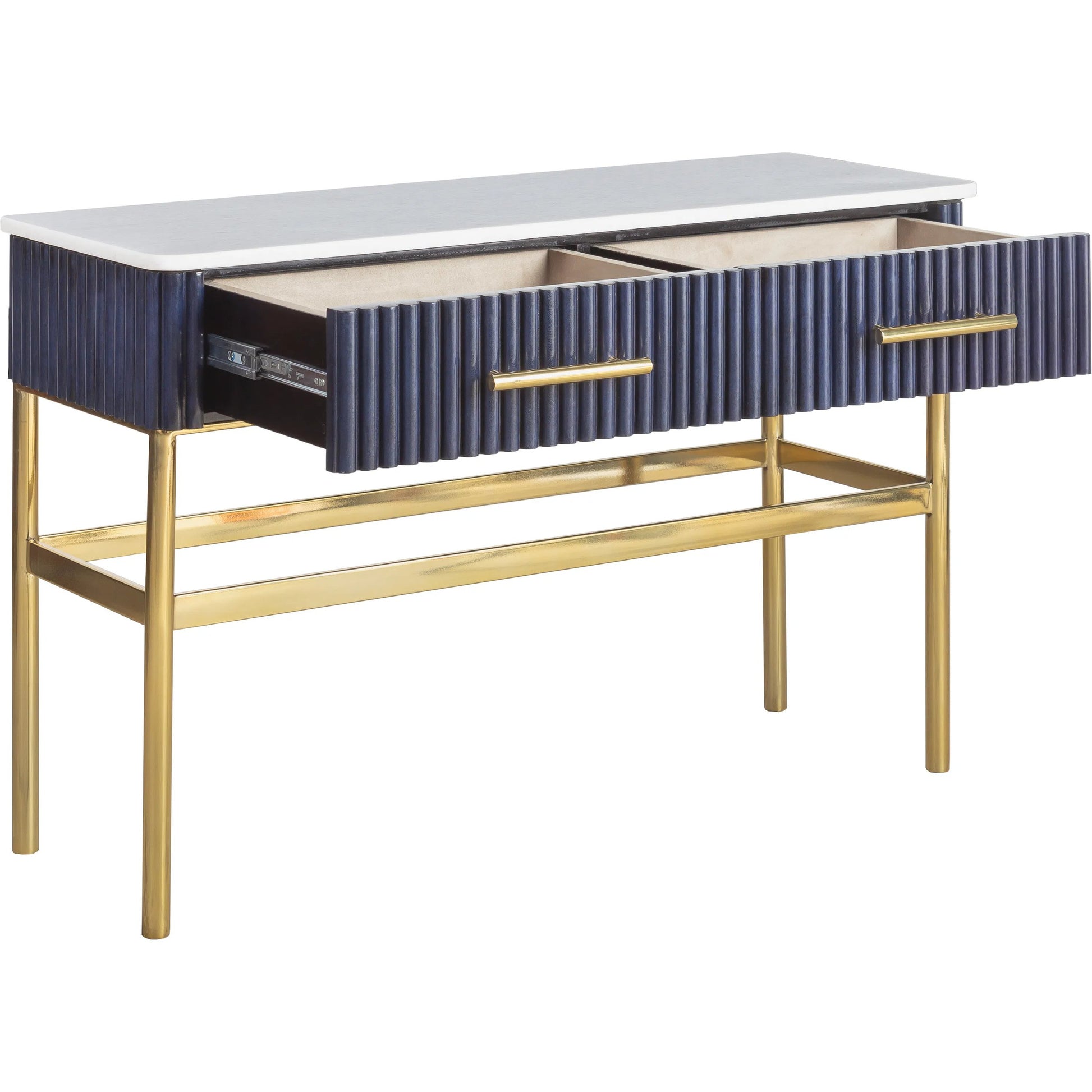 Harper Console Table by Fairfield Chair in dark blue and navy blue. Made from leather, metal accents, marble in a unique style.