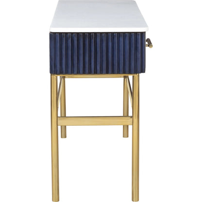 Harper Console Table by Fairfield Chair in dark blue and navy blue. Made from leather, metal accents, marble in a unique style.