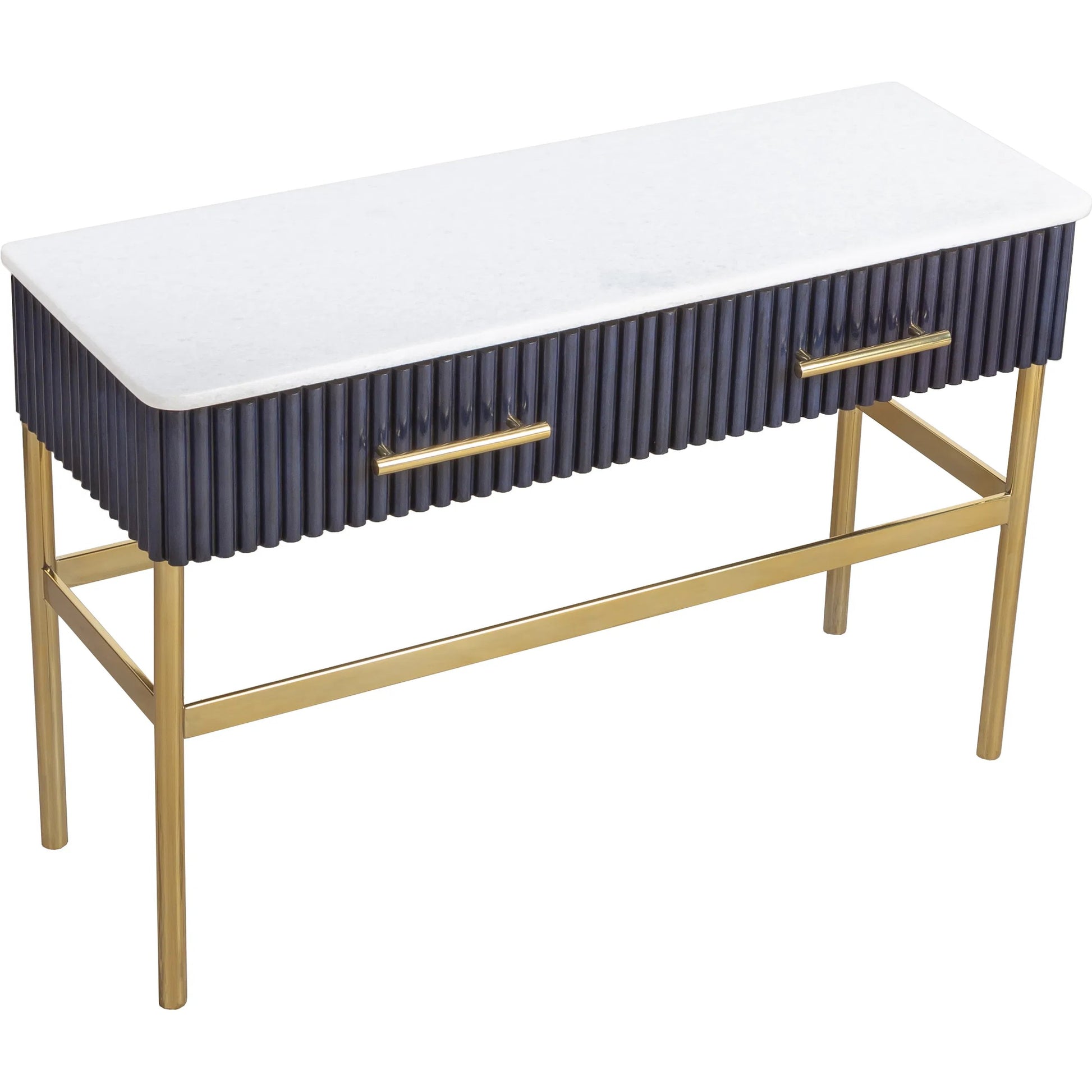Harper Console Table by Fairfield Chair in dark blue and navy blue. Made from leather, metal accents, marble in a unique style.
