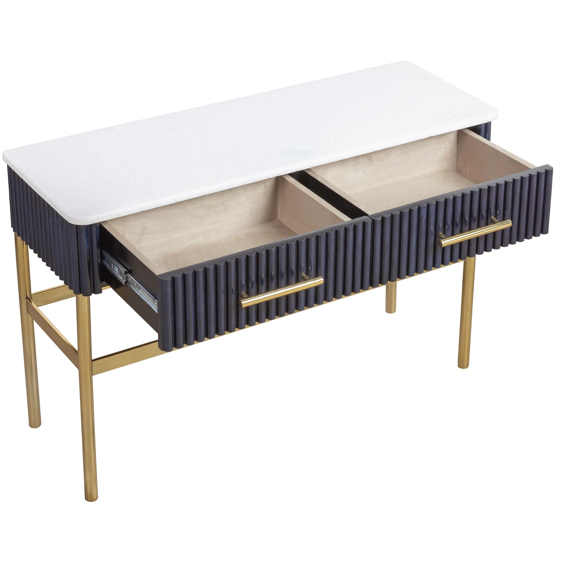 Harper Console Table by Fairfield Chair in dark blue and navy blue. Made from leather, metal accents, marble in a unique style.