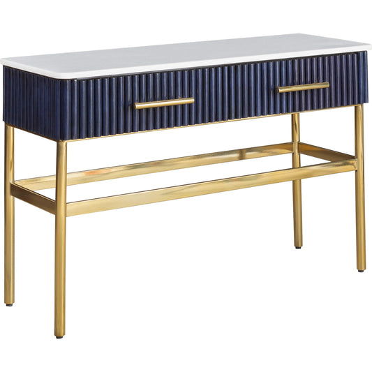 Harper Console Table by Fairfield Chair in dark blue and navy blue. Made from leather, metal accents, marble in a unique style.