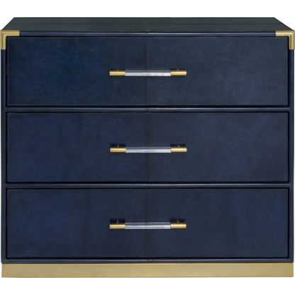 Harper Chest by Fairfield Chair in dark blue and navy blue. Made from leather, metal accents, acrylic in a unique style.