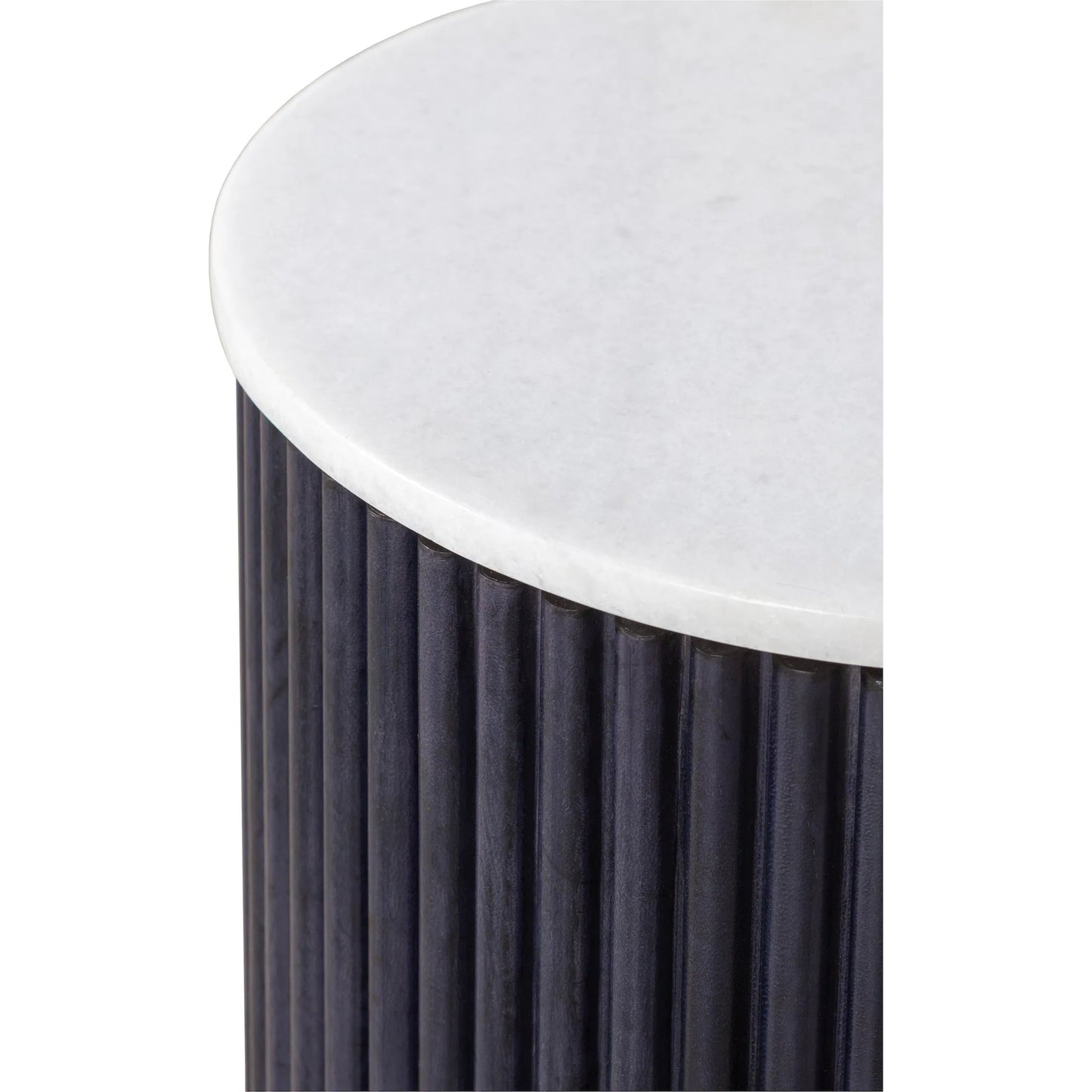 002 SI-2635782 | Closeup | Harper Round End Table by Fairfield Chair in dark blue and navy blue. Made from leather, metal accents, marble in a unique style.