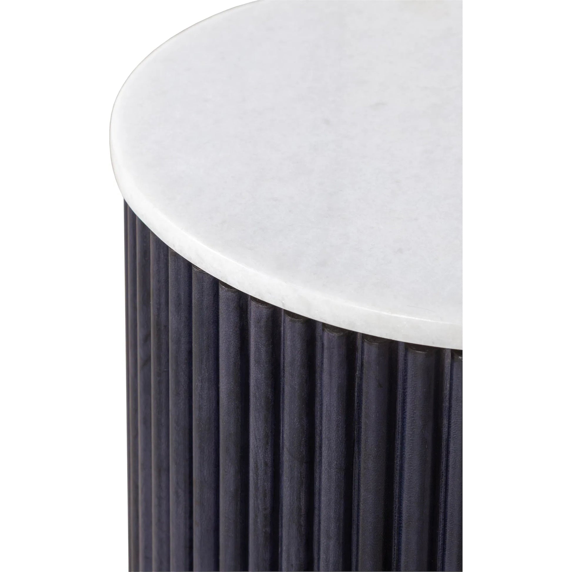 Harper Round End Table by Fairfield Chair in dark blue and navy blue. Made from leather, metal accents, marble in a unique style.