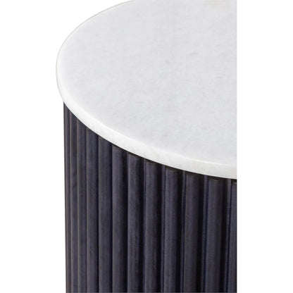 Harper Round End Table by Fairfield Chair in dark blue and navy blue. Made from leather, metal accents, marble in a unique style.