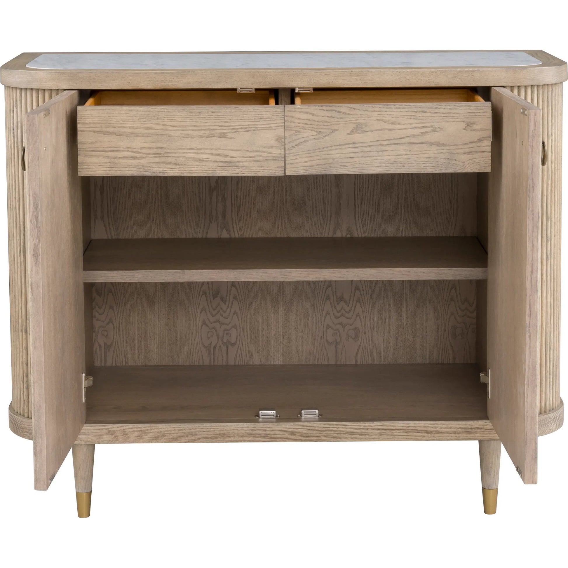 Everett Demilune Credenza by Fairfield Chair. Made from red oak solids, veneers in a unique style.