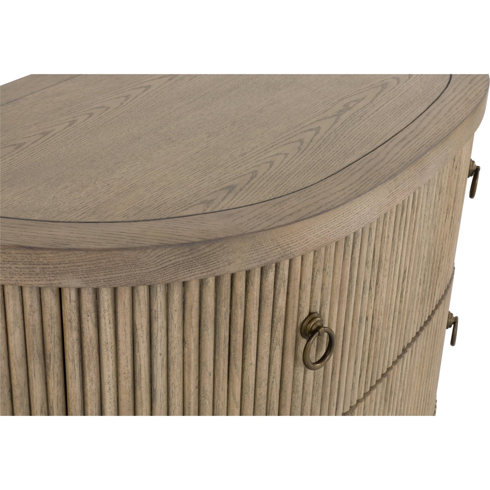 Everett Demilune Chest by Fairfield Chair in brown and biscotti. Made from red oak solids, veneers in a unique style.