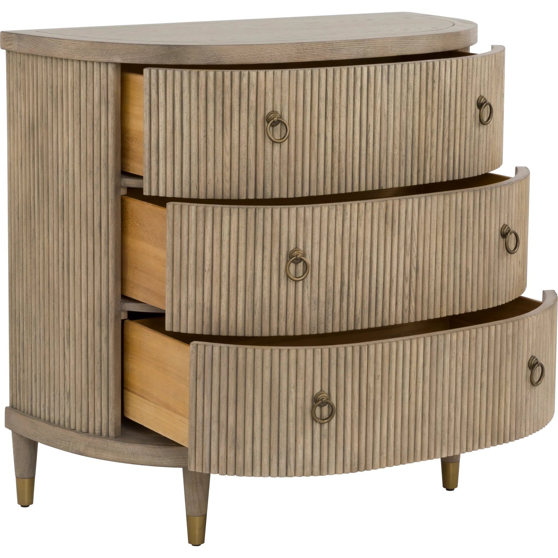 Everett Demilune Chest by Fairfield Chair in brown and biscotti. Made from red oak solids, veneers in a unique style.