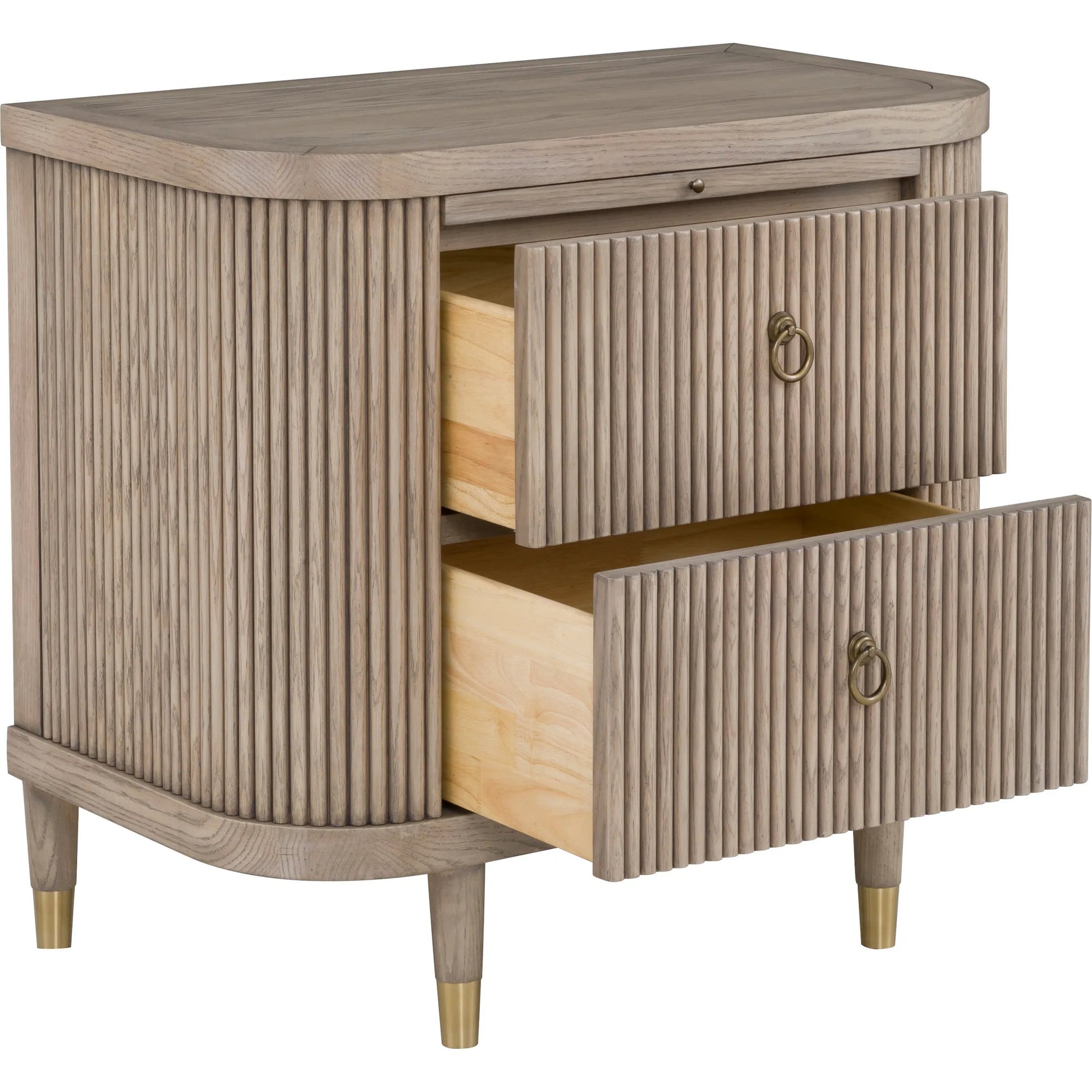 Everett Demilune 2-Drawer Nightstand by Fairfield Chair in brown and biscotti. Made from red oak solids, veneers in a unique style.